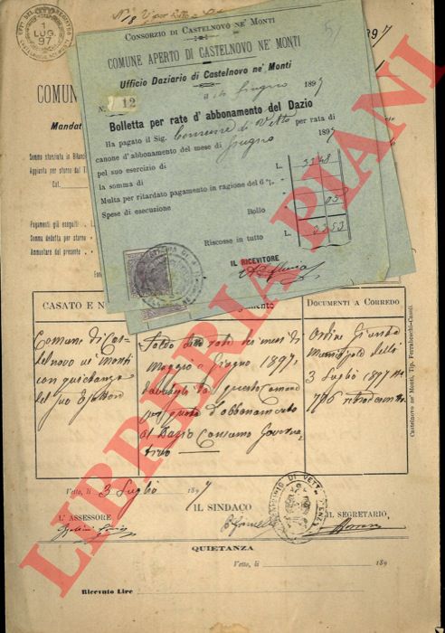 Comune di Vetto - - Saldo delle rate dei mesi di maggio e Giugno 1897 per quota di abbonamento al dazio governativo e tre bollette .