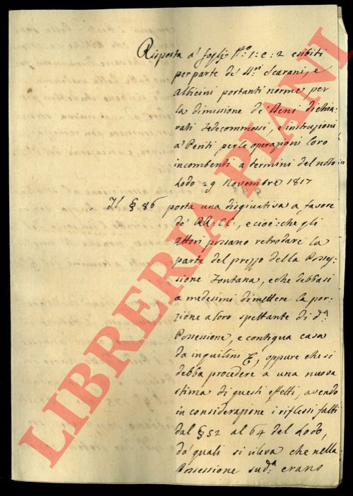 Guidalotti/Scarani/Stagni/Pancaldi/Albicini - - Lista degli strumenti e di altri documenti da prodursi per pretesa e Risposta portante norme per la dimissione dei beni dichiarati fedecomessi e istruzioni a periti per le operazioni loro incombenti in merito ad una possessione detta Fontana.