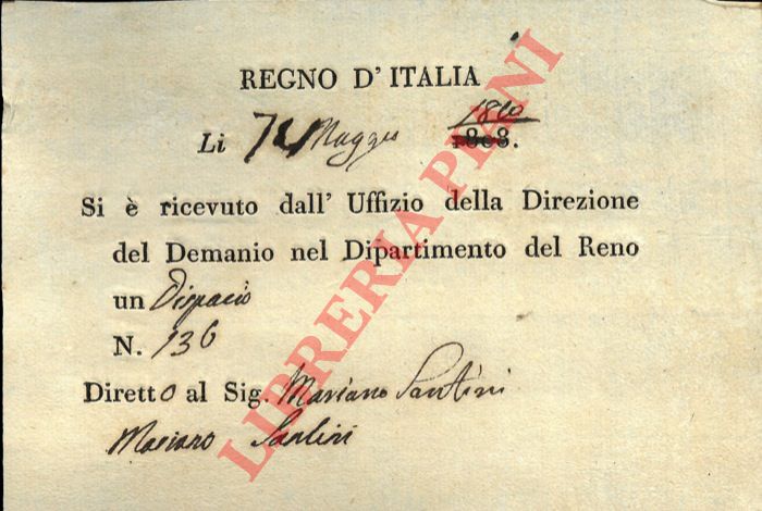 Santini - - Avviso di ricevimento del dispaccio N.136 da parte dell'Uffizio della Direzione del Demanio nel Dipartimento del Reno.
