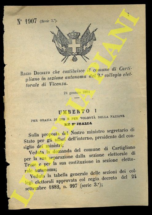 (Regio Decreto) - Regio Decreto che costituisce il comune di Cartigliano in sezione autonoma del 2collegio elettorale di Vicenza.