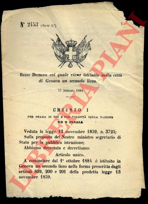 (Regio Decreto) - Regio Decreto col quale viene istituito nella citt di Genova un secondo liceo.
