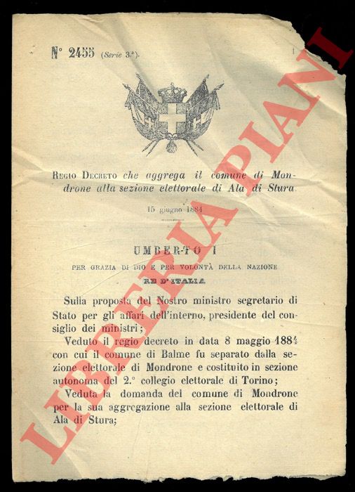 (Regio Decreto) - Regio Decreto che aggrega il comune di Mondrone alla sezione elettorale di Ala di Stura.