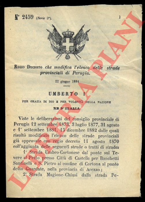(Regio Decreto) - Regio Decreto che modifica l'elenco delle strade provinciali di Perugia.