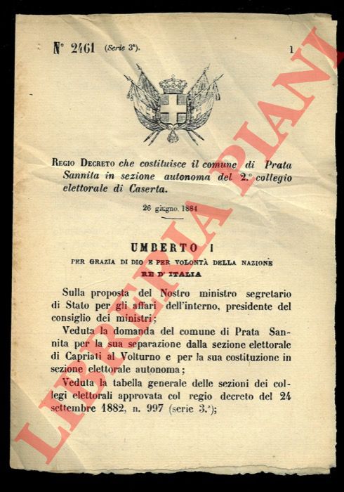 (Regio Decreto) - Regio Decreto che costituisce il comune di Prata Sannita in sezione autonoma del 2collegio elettorale di Caserta.