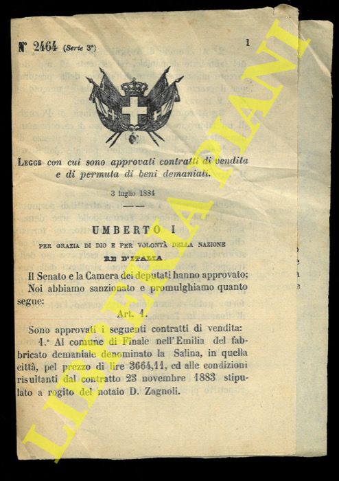 (Legge) - Legge con cui sono approvati contratti di vendita e di permuta di beni demaniali.