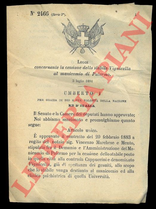 (Legge) - Legge concernente la cessione dello stabile Vignicella al manicomio di Palermo.