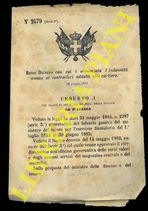 (Regio Decreto) - Regio Decreto con cui  aumentata l'idennit annua ai controllori addetti alle cartiere.
