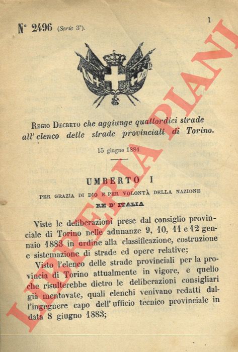 (Regio Decreto) - Regio Decreto che aggiunge quattordici strade all'elenco delle strade provinciali di Torino.