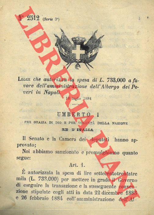 (Legge) - Legge che autorizza la spesa di L.733,000 a favore dell'amministrazione dell'Albergo dei Poveri in Napoli.