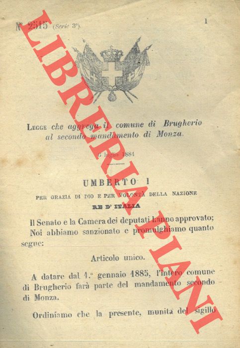 (Legge) - Legge che aggrega il comune di Brugherio al secondo mandamento di Monza.