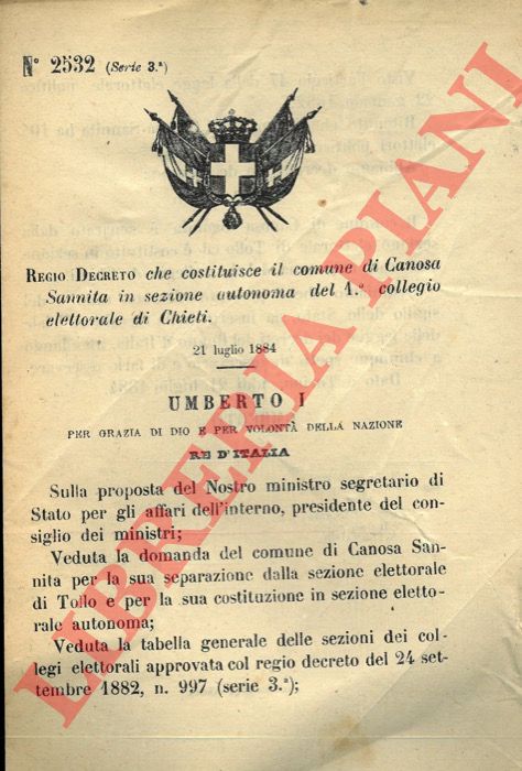 (Regio Decreto) - Regio Decreto che costituisce il comune di Canosa Sannita in sezione autonoma del 1collegio elettorale di Chieti.