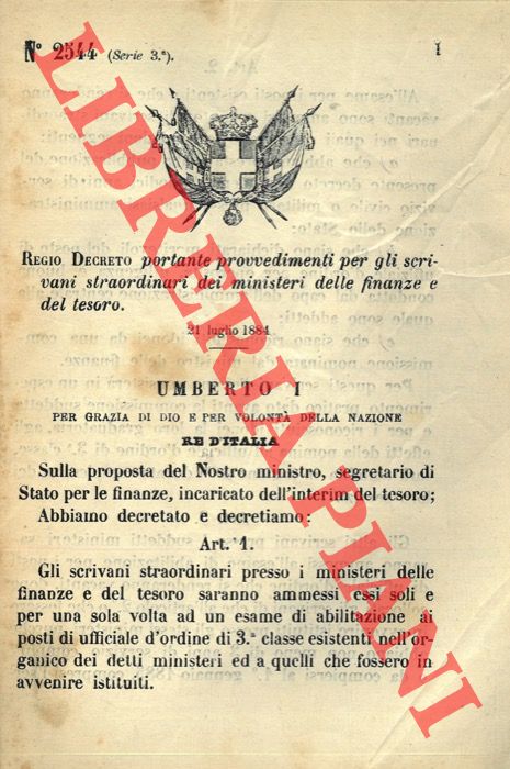 (Regio Decreto) - Regio Decreto portante provvedimenti per gli scrivani straordinari dei ministeri delle finanze e del tesoro.