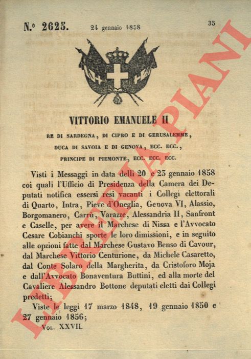(Regio Decreto) - Decreto con cui si attesat che sono rimasti vacanti i Collegi elettorali di Quarto, Intra, Pieve d'Oneglia, Genova VI, Alassio, Borgomanero, Carr, Varazze, Alessandria II, Sanfront e Caselle.