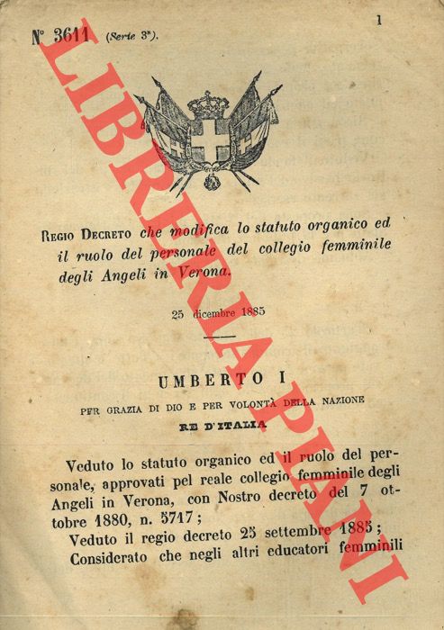 (Regio Decreto) - Regio Decreto che modifica lo statuto organico ed il ruolo del personale del collegio femminile degli Angeli di Verona.