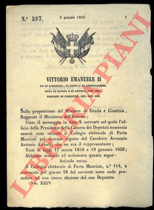 (Regio Decreto) - Decreto che convoca il Collegio elettorale di Porto Maurizio per procedere alla nuova elezione del suo Deputato.