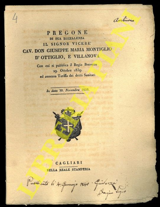(Pregone) - Pregone con cui si pubblica il Regio Brevetto 29 Ottobre 1839 ed annessa Tariffa dei diritti Sanitari.