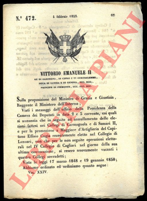 (Regio Decreto) - Decreto che convoca i Collegi elettorali di Carmagnola, Sassari e Lanusei.