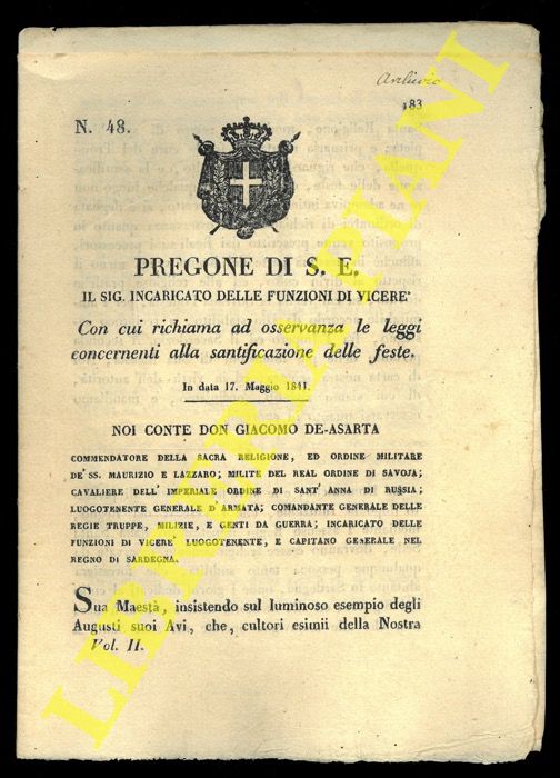 (Pregone) - Pregone con cui si richiama ad osservanza le leggi concernenti alla santificazione delle feste.