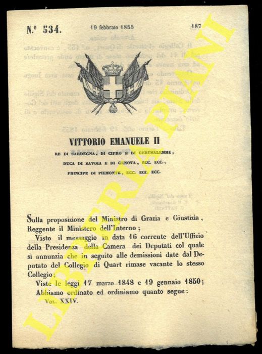 (Regio Decreto) - Decreto che convoca il Collegio elettorale di Quart per l'elezione del suo nuovo Deputato.