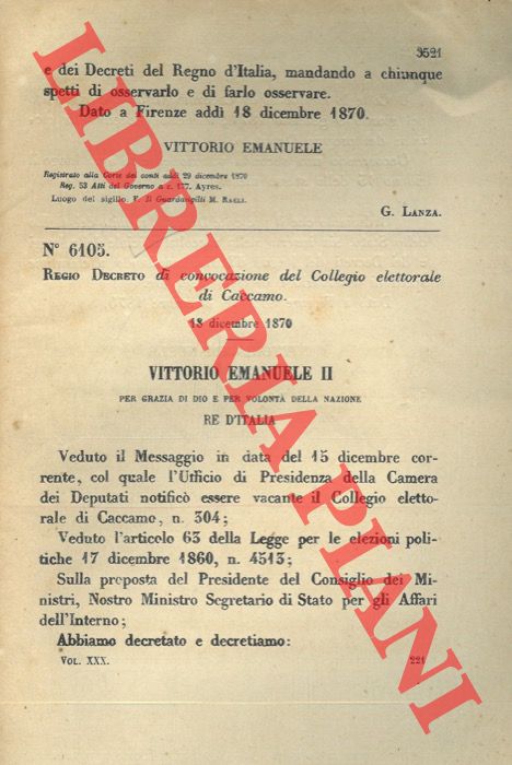 (Regio Decreto) - Regio Decreto di convocazione del collegio elettorale di Caccamo.