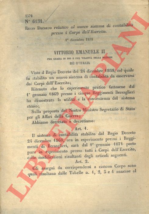 (Regio Decreto) - Regio Decreto relativo al nuovo sistema di contabilit presso i Corpi dell'Esercito.