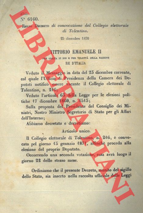 (Regio Decreto) - Regio Decreto di convocazione del Collegio elettorale di Tolentino.