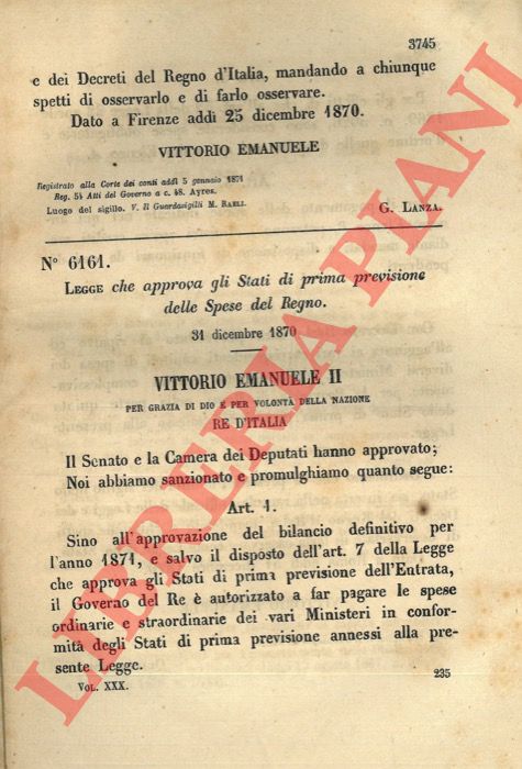 (Legge) - Legge che approva gli Stati di prima previsione delle Spese del Regno.