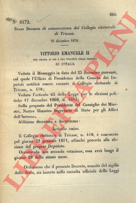 (Regio Decreto) - Regio Decreto di convocazione del Collegio elettorale di Tricase.