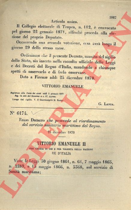 (Regio Decreto) - Regio Decreto che provvede al riordinamento del servizio sanitario marittimo del Regno.