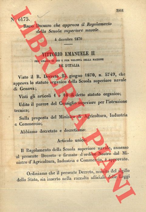 (Regio Decreto) - Regio Decreto che approva il Regolamento della scuola superiore navale.