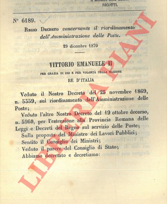 (Regio Decreto) - Regio Decreto concernente il riordinamento dell'Amministrazione delle Poste.