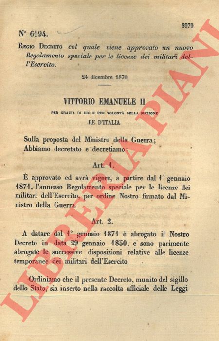 (Regio Decreto) - Regio Decreto col quale viene approvato un nuovo Regolamento speciale per le licenze dei militari dell'Esercito.