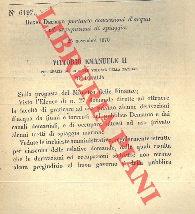 (Regio Decreto) - Regio Decreto portante concessioni d'acqua ed occupazioni di spiaggia.