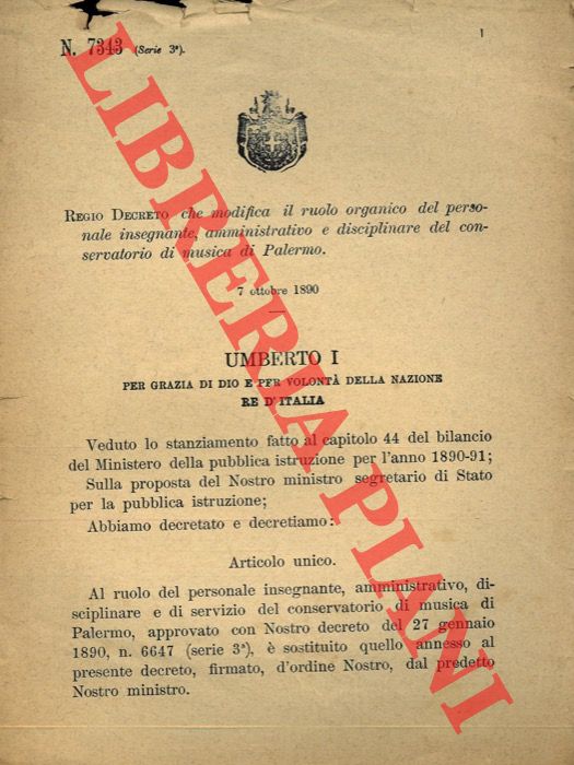 (Regio Decreto) - Regio Decreto che modifica il ruolo organico del personale insegnante, amministrativo e disciplinare del conservatorio di musica di Palermo.