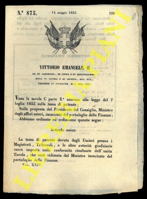 (Regio Decreto) - Regio Decreto in merito alla tassa di patente dovuta dagli Uscieri, Magistrati, Tribunali e altre autorit giudiziarie.