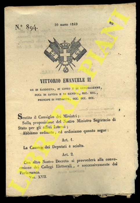 (Regio Decreto) - Regio Decreto che attesata lo scioglimento della Camera dei Deputati.