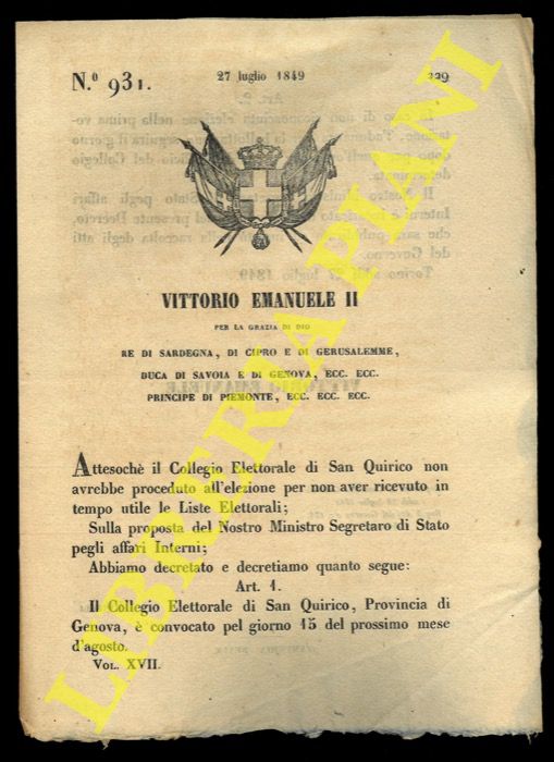 (Regio Decreto) - Regio Decreto in merio al collegio elettorale di San Quirico, Genova.