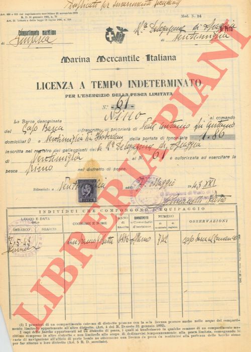Compartimento Marittimo di Imperia. Delegazione di spiaggia di Ventimiglia - - Registro delle barche, battelli ed altri galleggianti non muniti di atto di nazionalit.