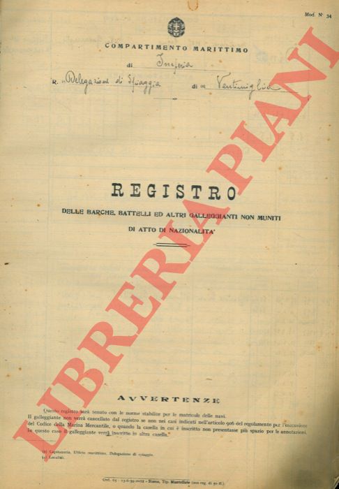Compartimento Marittimo di Imperia. Delegazione di spiaggia di Ventimiglia - - Registro delle barche, battelli ed altri galleggianti non muniti di atto di nazionalit.