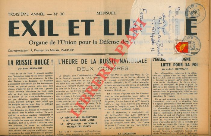 - - Exil et Libert. Organe de l'Internationale de la Libert. (Union pour la Defense des Peuples Opprime). Mensuel.