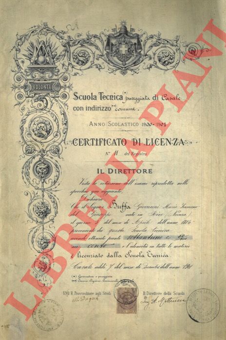 - - Diploma Scuola Tecnica pareggiata di Casale. Anno Scolastico 1900-1901 a Buffa Giovanni.