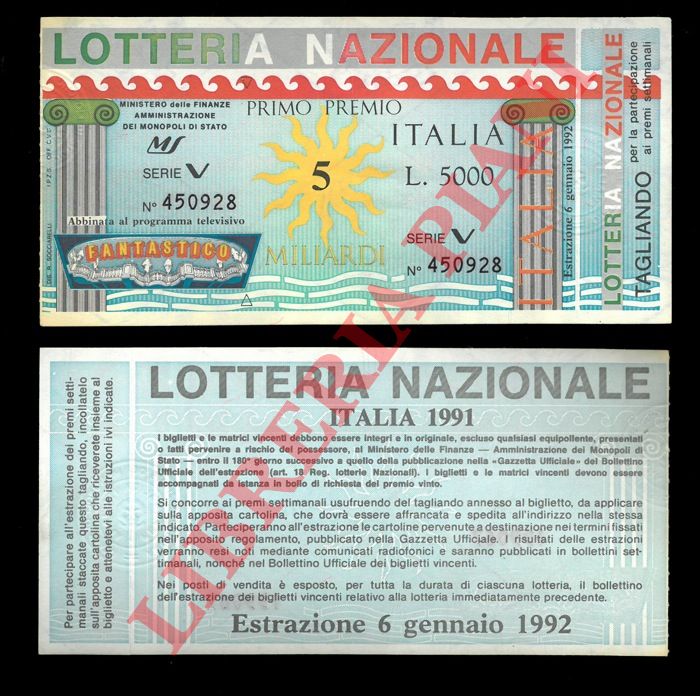 - - Lotteria Nazionale Italia. 1992. Diciassette biglietti.
