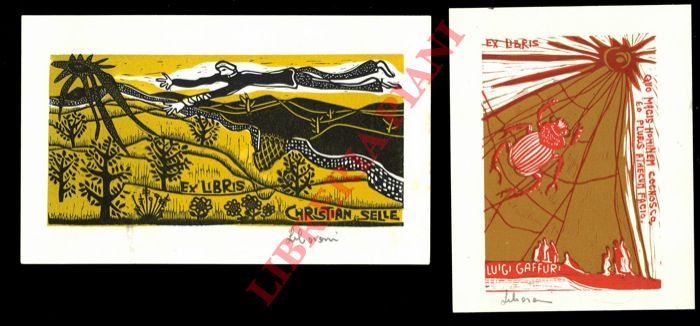 LEBORONI M.E. (Elisa Pecetti) - - Due foglietti xil. a colori, per Luigi Gaffuri e per Christian Selle, firmati.