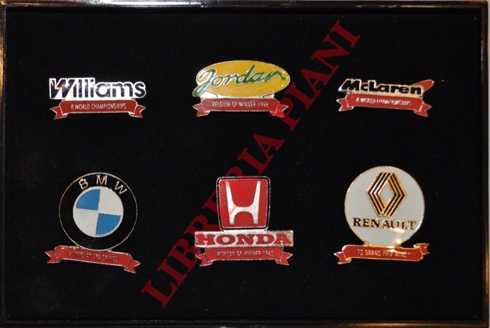 - - BMW, Honda, Renault, Williams, Jordan, McLaren. Scatola con sei spille smaltate