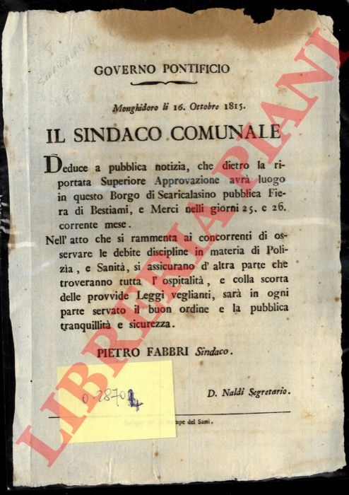 - - Avviso di fiera di bestiami e merci, nel Borgo di Scaricalasino, 25 e 26 ottobre.