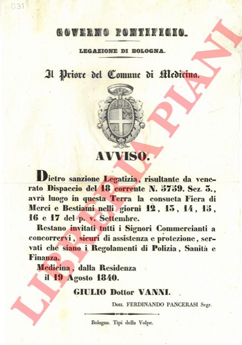 - - Avviso della consueta fiera di bestiami e merci nella solita localit, 12, 13, 14, 15, 16 e 17 settembre