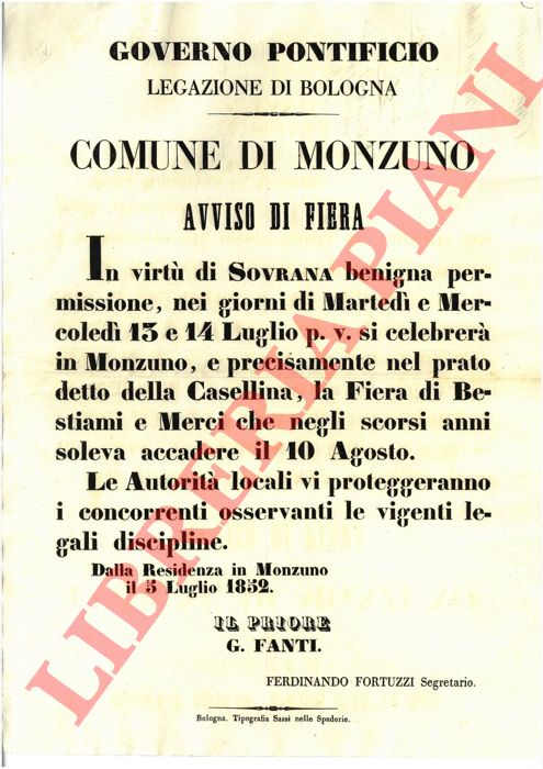 - - Avviso di fiera di bestiami e merci nel prato detto della Casellina, il 13 e 14 di luglio.