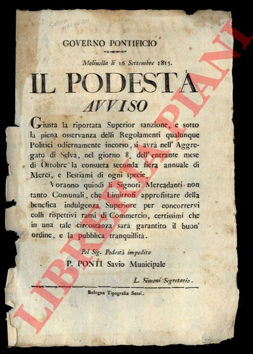 - - Avviso gella consueta seconda fiera annuale di bestiami e merci nell'aggregato di Selva, l'8 ottobre.
