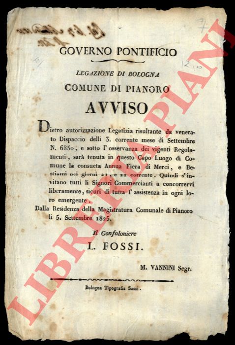 - - Avviso di fiera di bestiami e merci , in questo Capo-Luogo, nei giorni 21 e 22 settembre.
