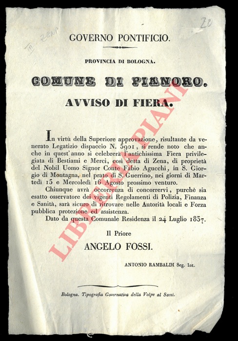 - - Avviso che l'antichissima fiera di bestiami e merci cos